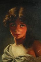 Oil on canvas. Portrait of a girl. Mid to late twentieth century. In an older decorative gilt