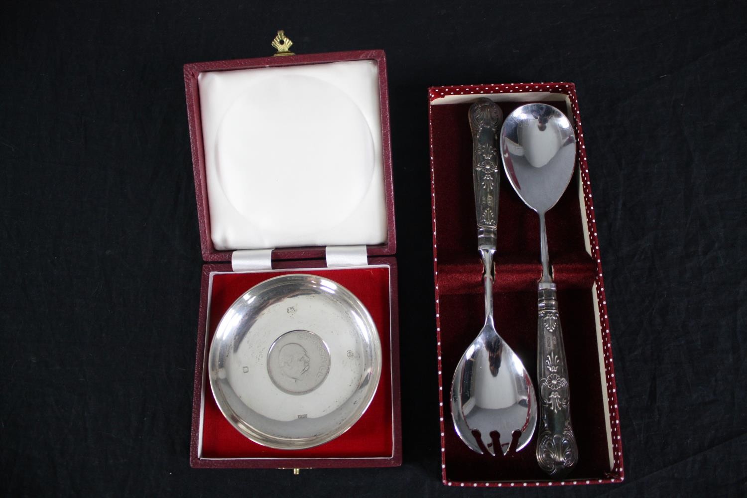 A boxed Churchill commemorative silver dish containing a Churchill crown coin, hallmarked for London - Image 2 of 5