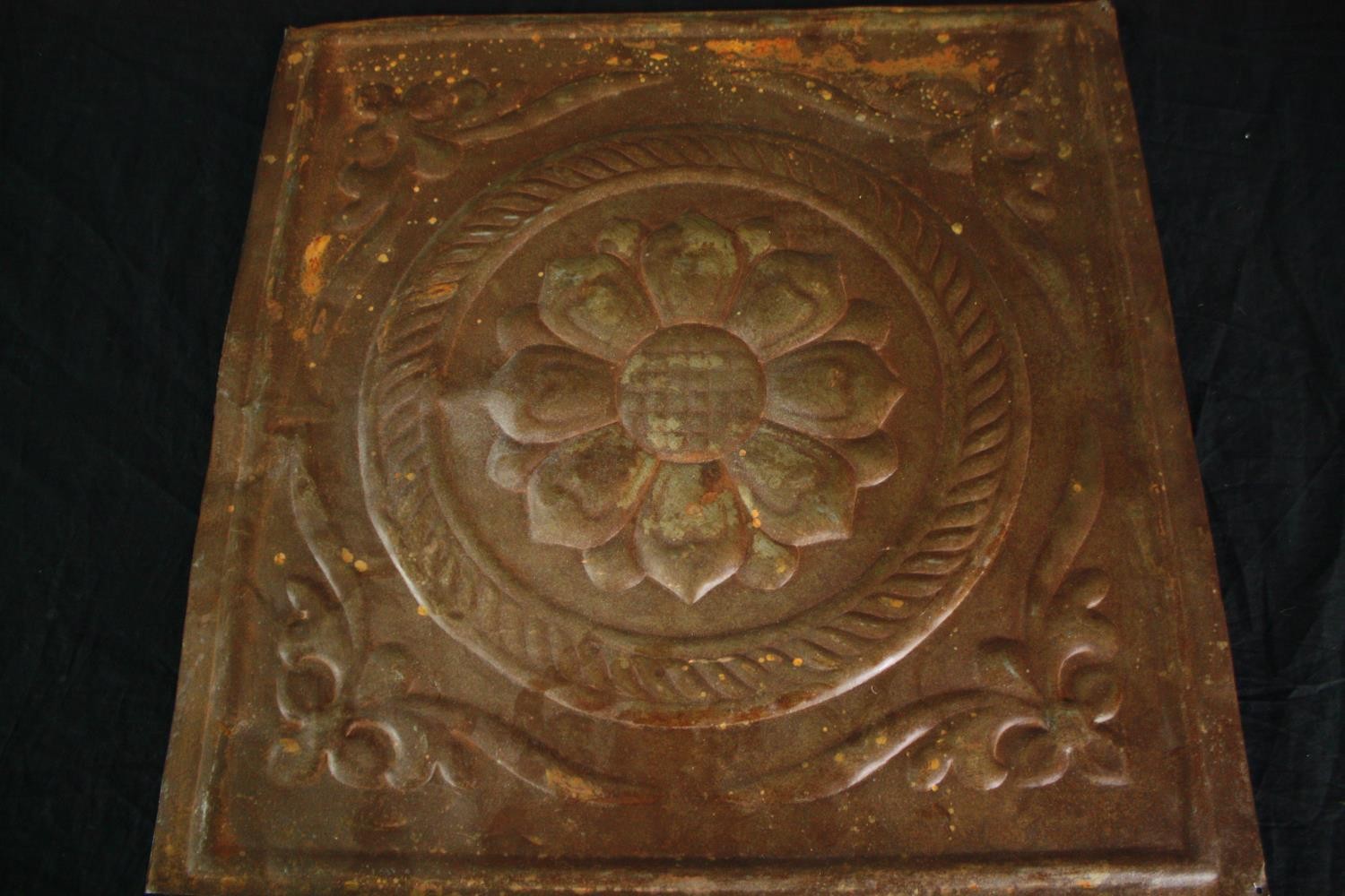 Four early twentieth century suspended ceiling leaf tiles. Three from pressed tin and one copper. - Image 4 of 11