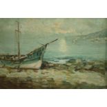 A late nineteenth century oil on canvas. An impressionist style painting of a boat at shore. In a