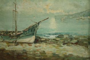 A late nineteenth century oil on canvas. An impressionist style painting of a boat at shore. In a