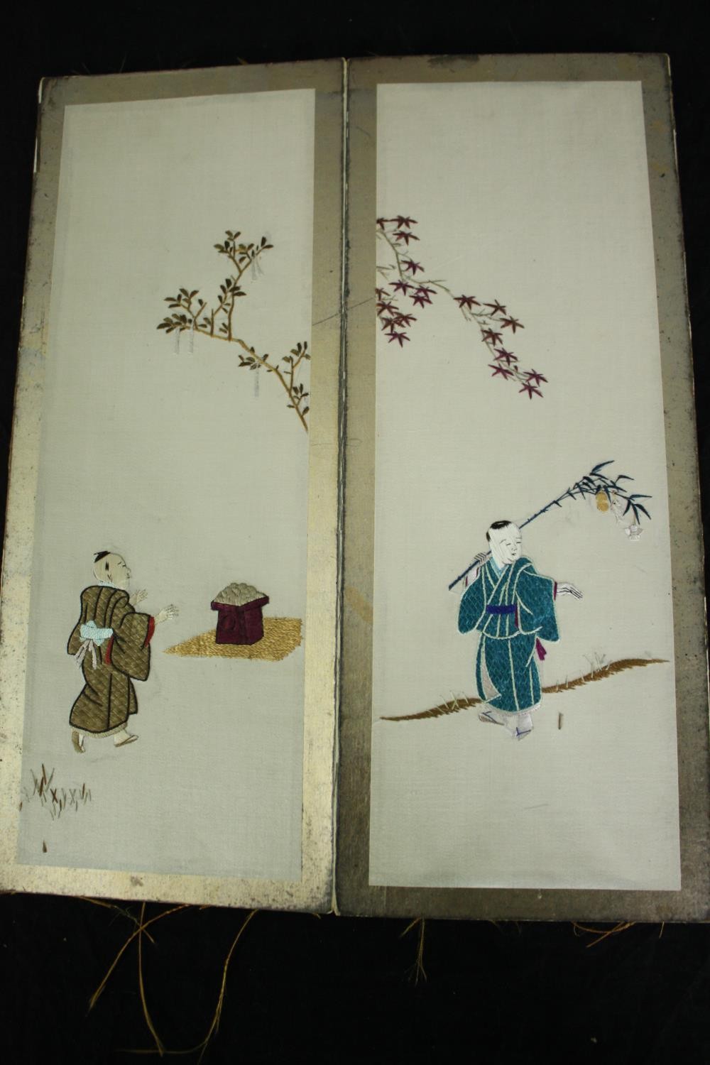 A folding concertina book of Chinese silk embroidered panels. Each containing a figure with - Image 2 of 7