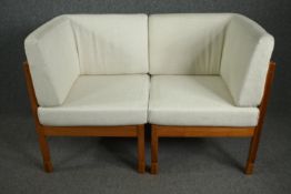 A pair of late 20th century modular corner chairs, together make a settee. With extra covers. H.96
