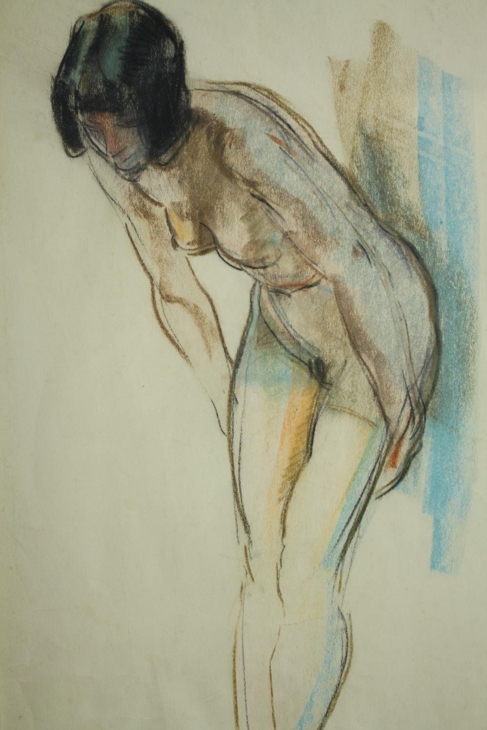A mid twentieth century female nude study. Pastel on paper. Unsigned. Glazed and in a later