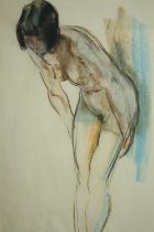 A mid twentieth century female nude study. Pastel on paper. Unsigned. Glazed and in a later