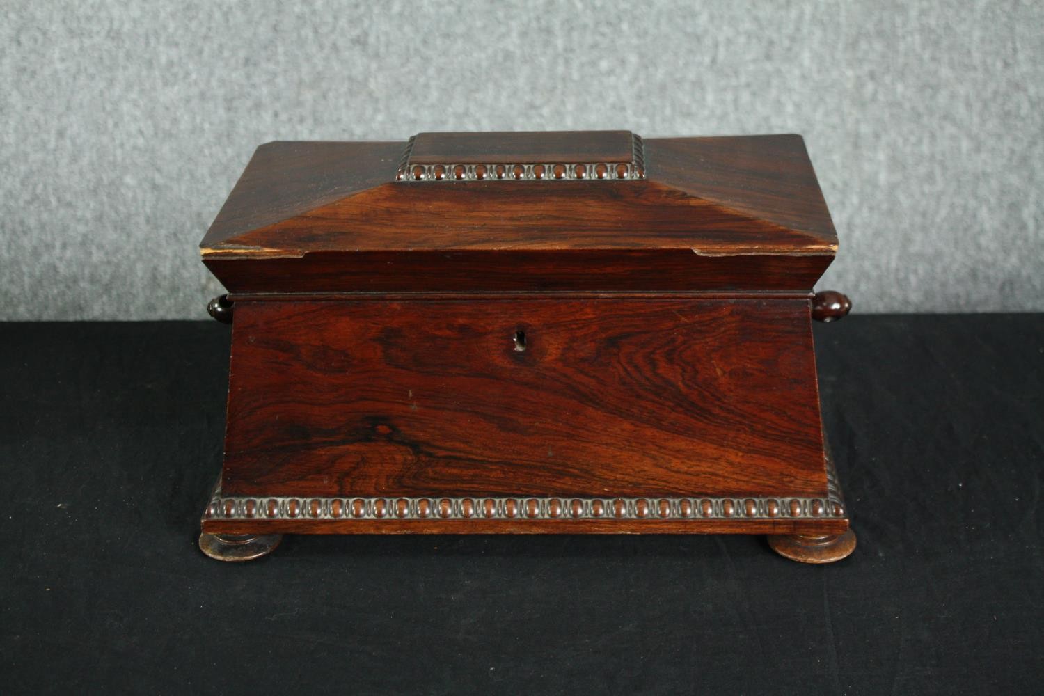 Tea caddy, Regency mahogany with satinwood fitted interior and original mixing bowl. H.21 W.39 D.
