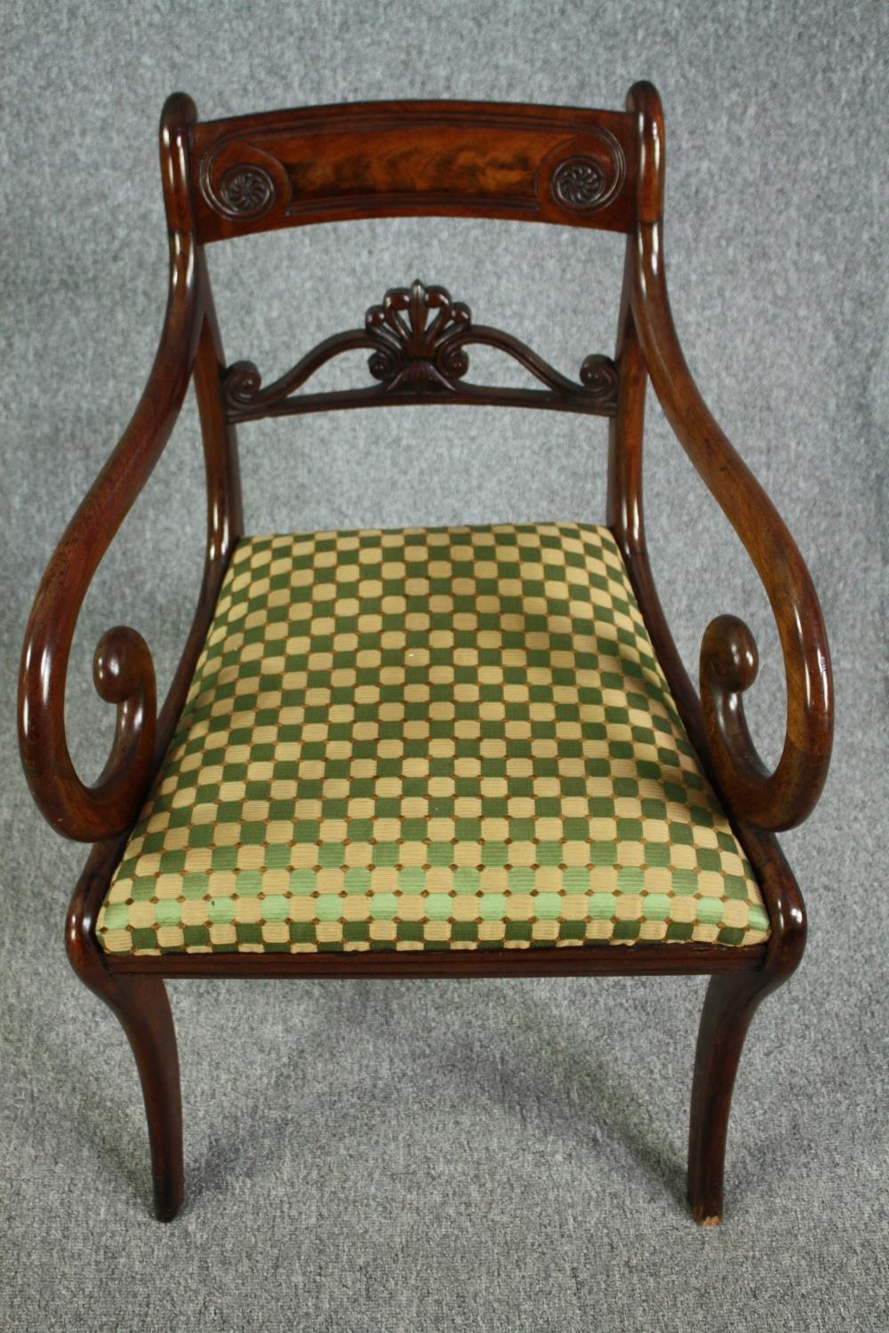 A Regency mahogany armchair along with a 19th century footstool covered in the same material. - Image 2 of 6