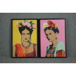 Two Andy Warhol inspired portraits printed on board. Framed and glazed. The glass of the pink