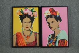 Two Andy Warhol inspired portraits printed on board. Framed and glazed. The glass of the pink