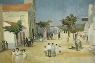 An early to mid twentieth century Oil painting on canvas. A south American town scene. Unsigned