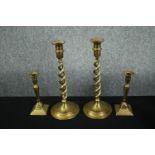 Two pairs of Victorian brass candleholders. H.32Cm. (largest)