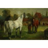 Oil on board, early 20th century, horses in a rural setting, framed with a hand written note to