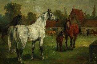 Oil on board, early 20th century, horses in a rural setting, framed with a hand written note to