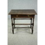 Side table, William and Mary oak with plank top on bobbin turned and stretchered base. Probably with