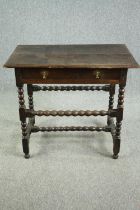 Side table, William and Mary oak with plank top on bobbin turned and stretchered base. Probably with