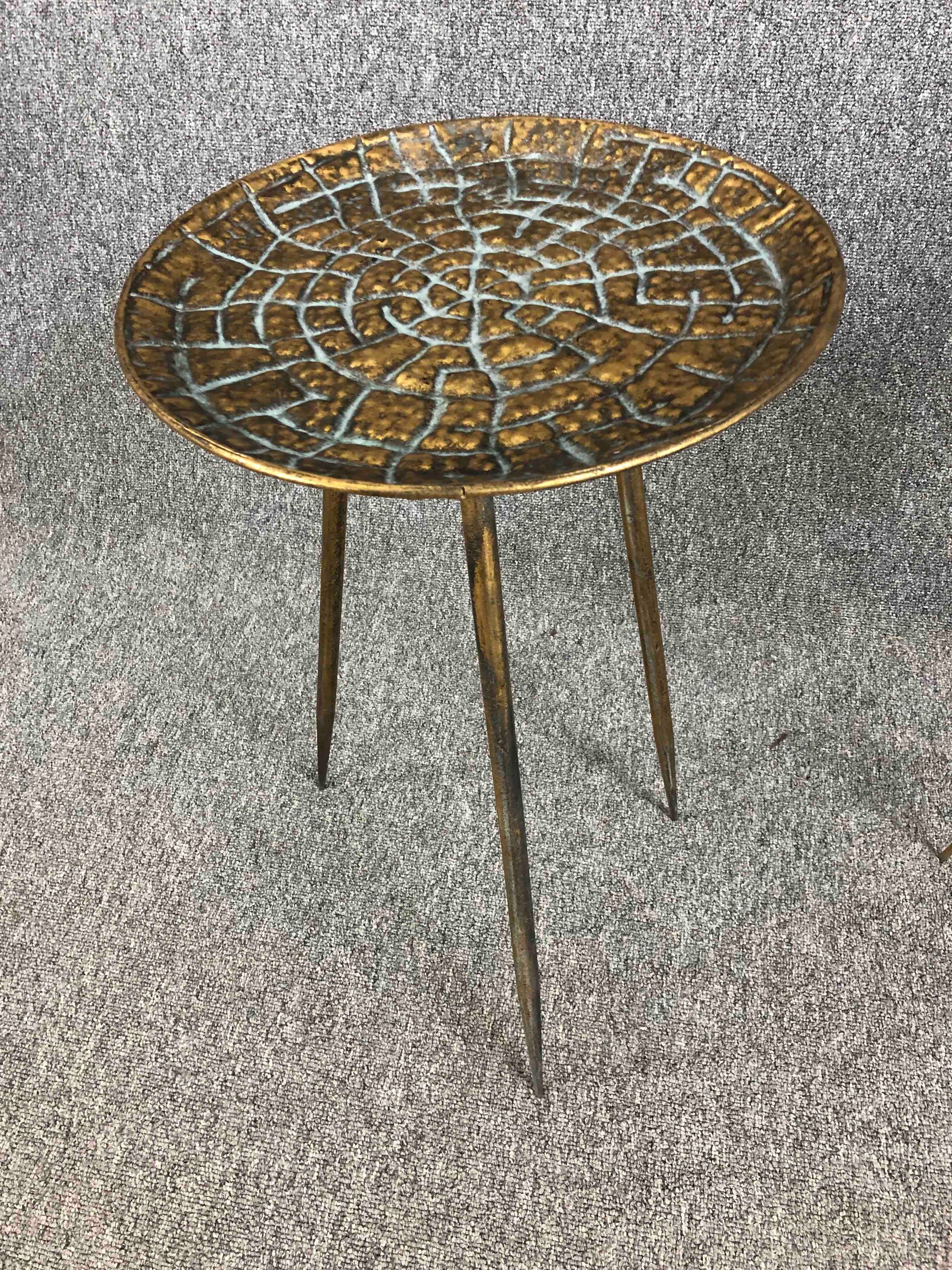 Four Bakerhill side tables. Three legged tables made from iron but finished in a distressed gold - Image 4 of 4