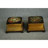 Footstools, a pair, 19th century mahogany with original tapestry upholstery. H.22 W.40 D.40cm. (