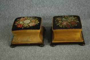 Footstools, a pair, 19th century mahogany with original tapestry upholstery. H.22 W.40 D.40cm. (