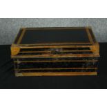 A Victorian metal deeds box with fitted interior. H.18 W.46 D.32cm.