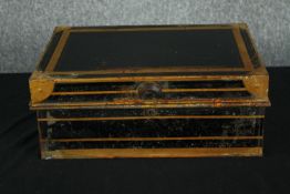 A Victorian metal deeds box with fitted interior. H.18 W.46 D.32cm.