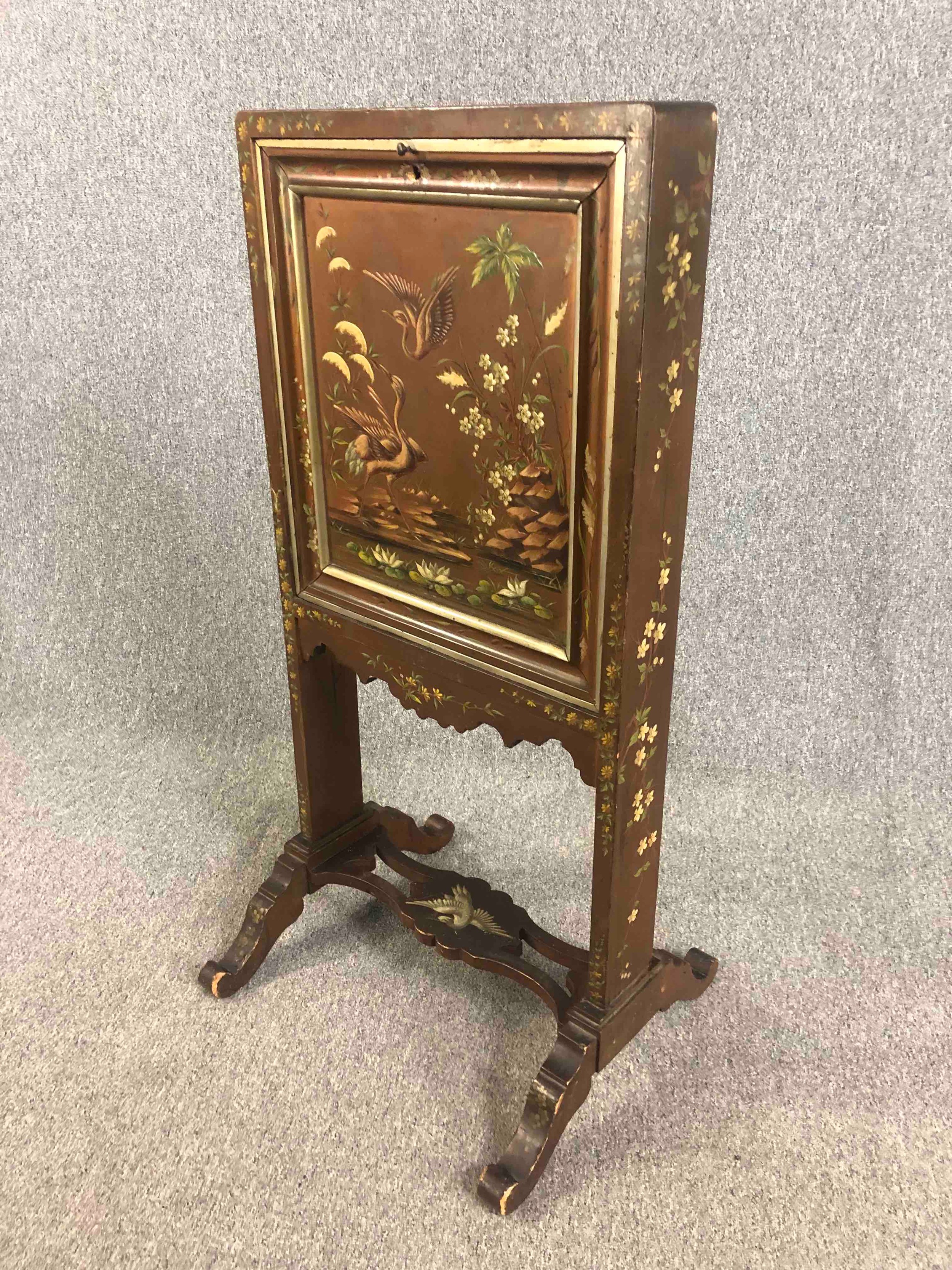 A late 19th century Chinoiserie decorated and lacquered secretaire screen with fall front - Image 3 of 9