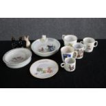 Children ceramic plates and cups. Including Beatrix Potter. Also, three ceramic pie birds. Dia. 9cm.