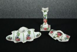 A set of 1920's German Prov Saxe E.S ceramics. Two candleholders and an ink blotter. With matching