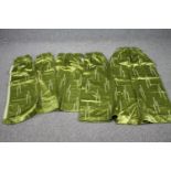 Five green silk velvet lined curtains. L.123 W.47cm. (largest)