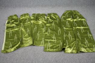 Five green silk velvet lined curtains. L.123 W.47cm. (largest)