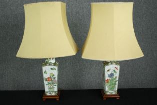 Two Chinese Famille Rose table lamps. Hand painted on hardwood stands. Probably mid twentieth