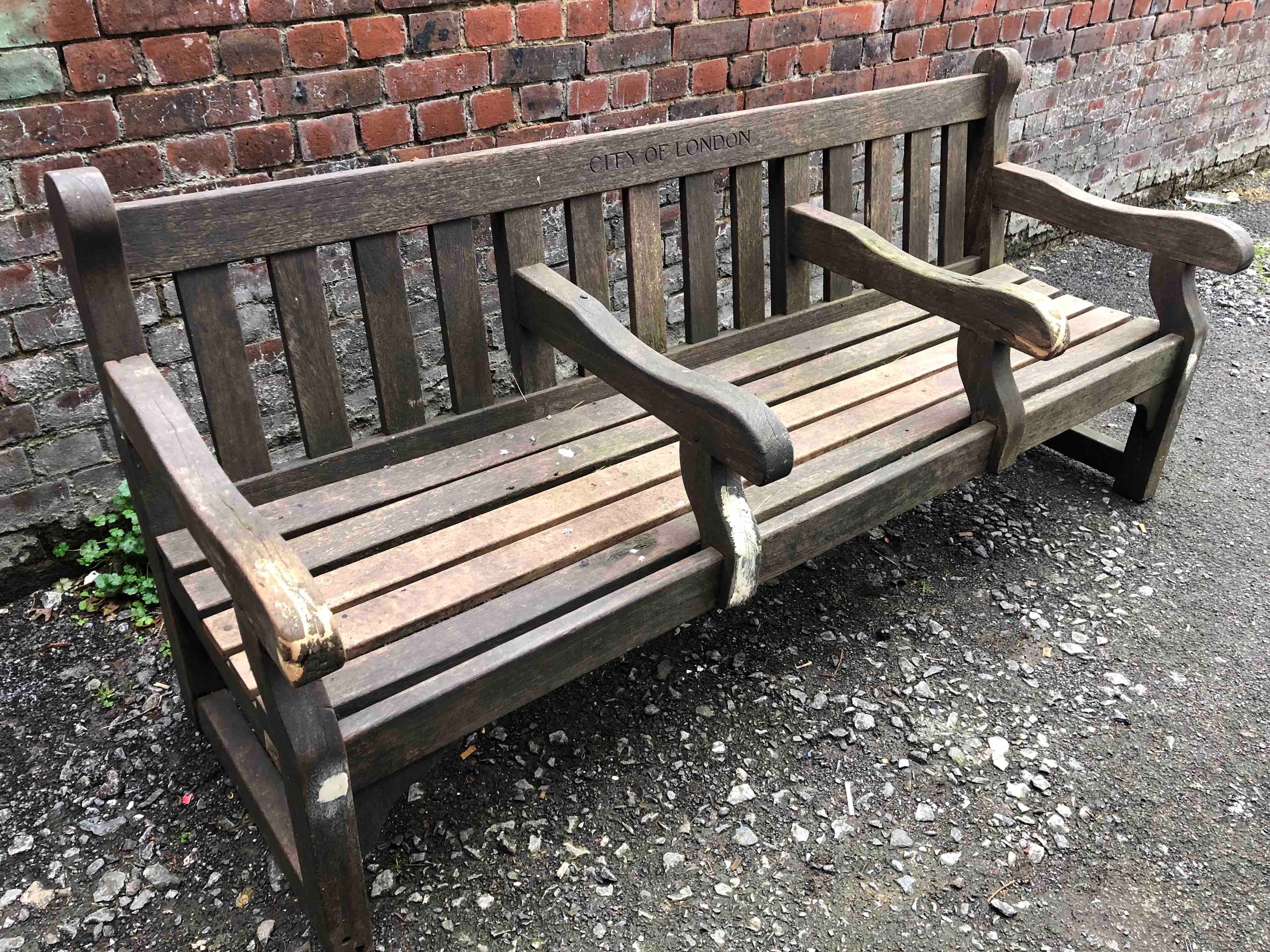City of London vintage park bench seats in weathered teak. H.87 W.196 D.73cm. - Image 2 of 4