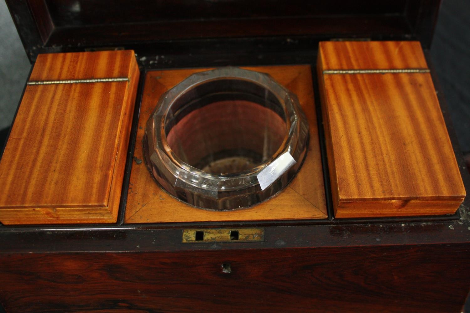 Tea caddy, Regency mahogany with satinwood fitted interior and original mixing bowl. H.21 W.39 D. - Image 6 of 6