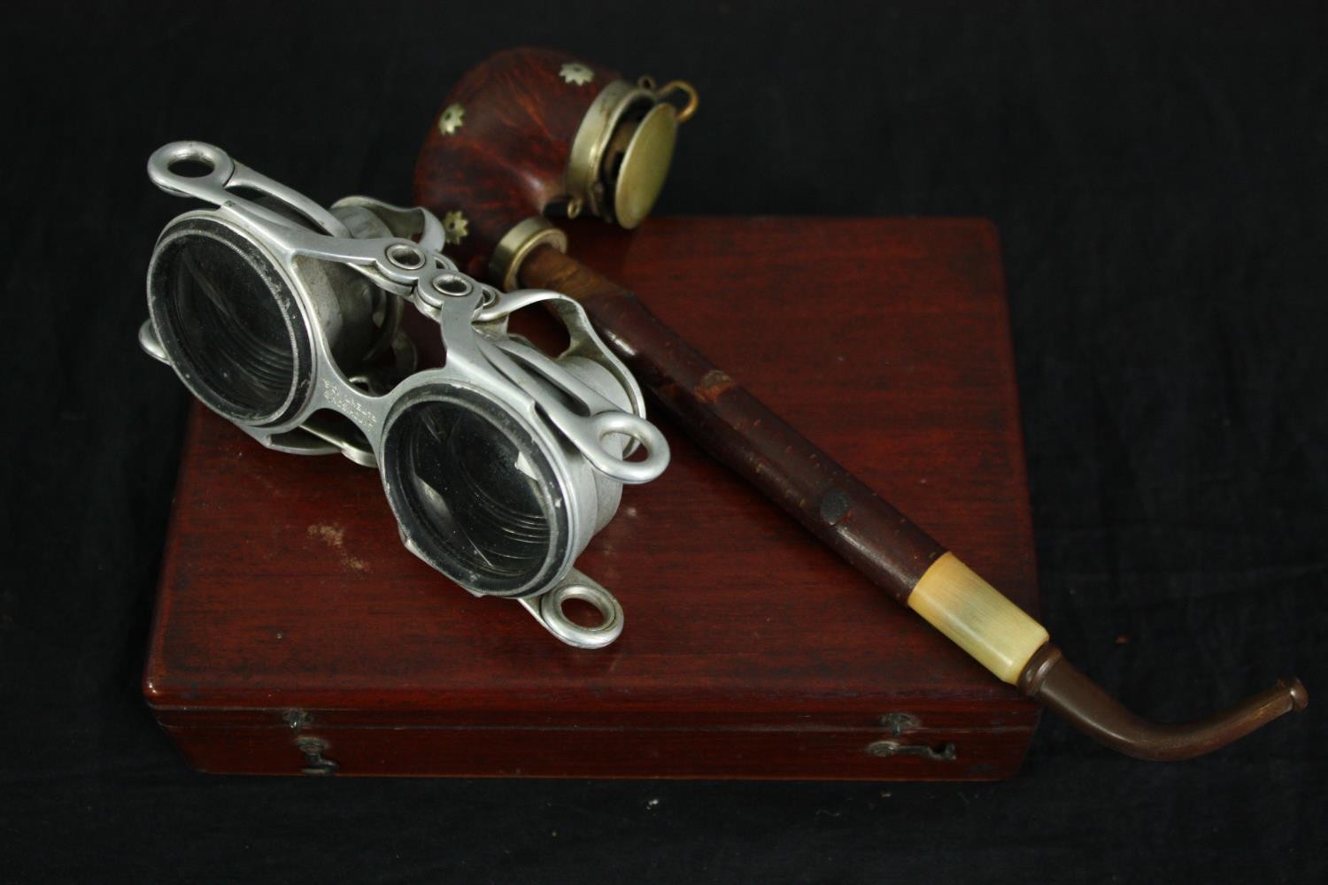 A pair of early 20th century collapsible aluminium binoculars along with a box of slides and a - Image 9 of 9