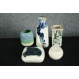 A collection of art pottery, including two ceramic trinket boxes of abstract form and a Danish