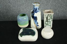 A collection of art pottery, including two ceramic trinket boxes of abstract form and a Danish