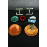 A mixed collection of ceramics and glass vases. Includes two square slab glass single-stem vases, an