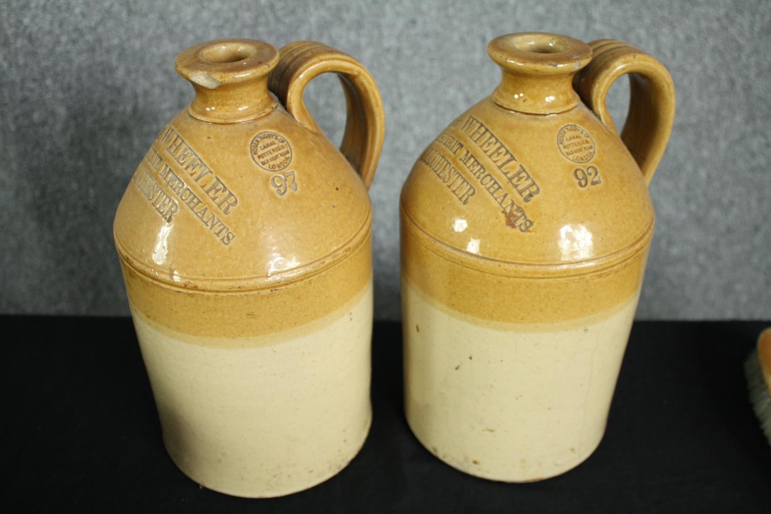 A collection of four 19th century stoneware honey glaze flagons with impressed maker's marks along - Image 3 of 5