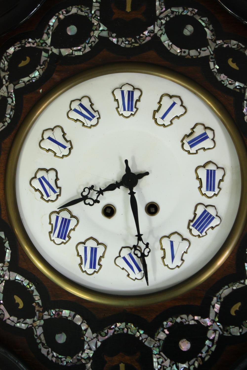 A Napoleon III French ox-eye clock with mother of pearl inlay. Each of white enamel bubbles with a - Image 2 of 7