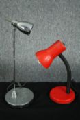 Two desk lamps. Chrome with the other in a red finish. H.41cm. (largest)