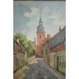 Oil on board. A street scene with church. Eastern European, signed ’M. Nielsen’ lower right. Early