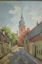 Oil on board. A street scene with church. Eastern European, signed ’M. Nielsen’ lower right. Early