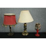 A miscellaneous collection of three vintage table lamps. One Art Deco red glass hand painted lamp