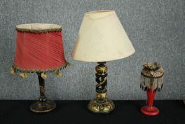 A miscellaneous collection of three vintage table lamps. One Art Deco red glass hand painted lamp