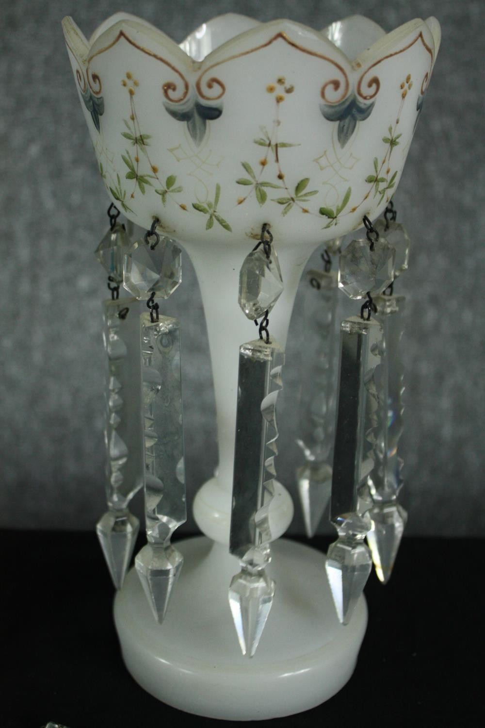 Two Victorian lustres with crystal drops, one pale blue milk glass with a hand painted strawberry - Image 3 of 4