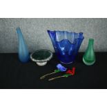 A collection of art glass, including two Mural glass petal flowers on silk stems, two bottle