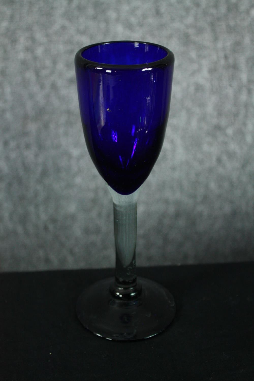 A set of six hand blown cobalt blue wine glasses with clear stems long with a set of five emerald - Image 2 of 5