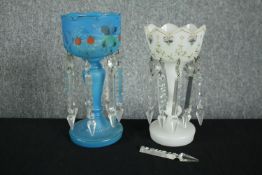 Two Victorian lustres with crystal drops, one pale blue milk glass with a hand painted strawberry