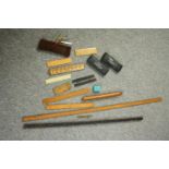 A mixed collection of scientific measuring equipment. Includes a folding and meter-long ruler and