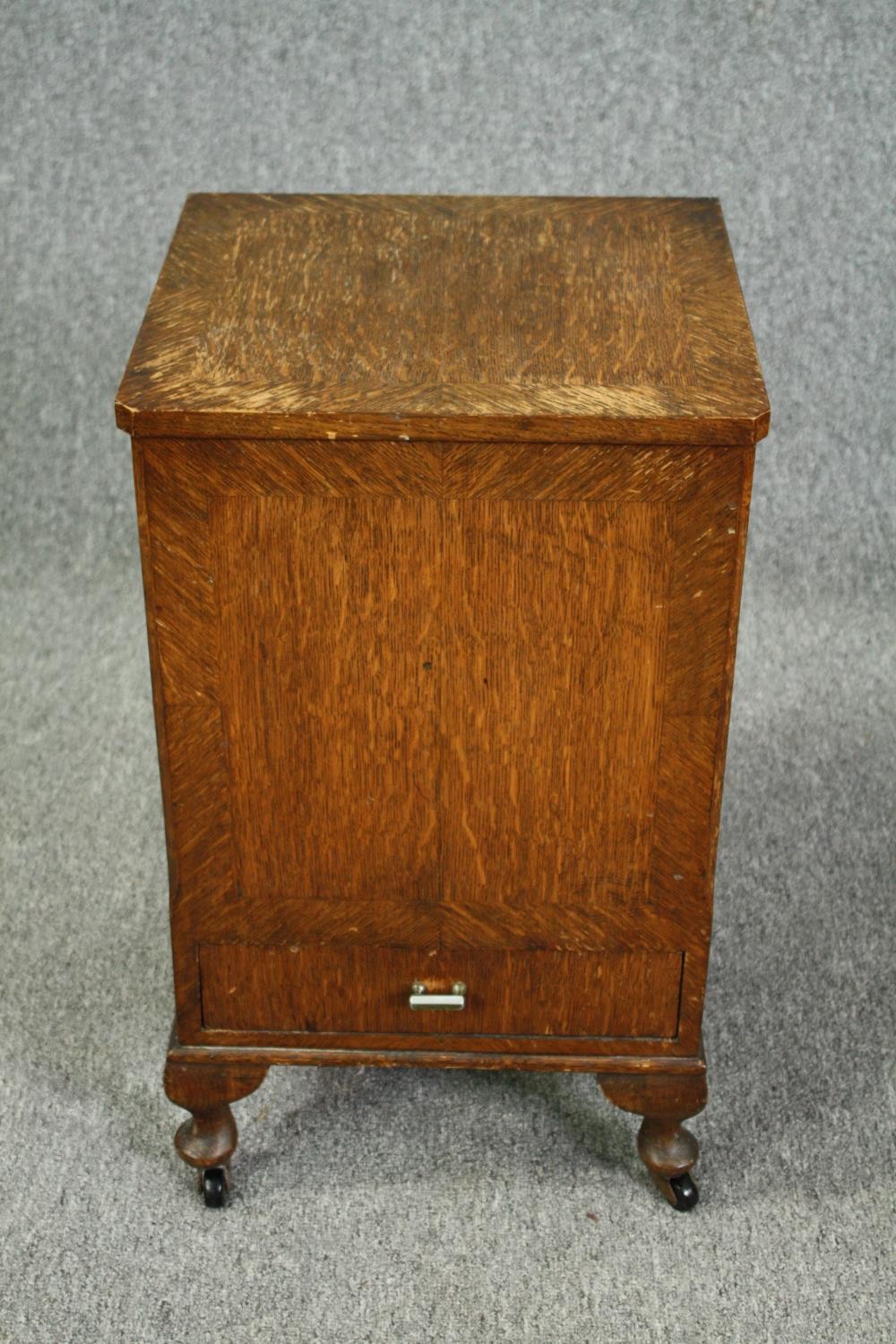 Work box, mid century oak with fitted interior. H.63 W.36 D.34cm.