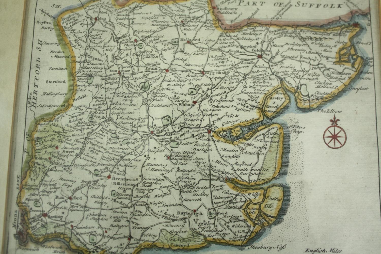 A hand coloured etched map of Essex by John Rocque. Dated 'circa 1750' on the reverse of the frame - Image 2 of 6